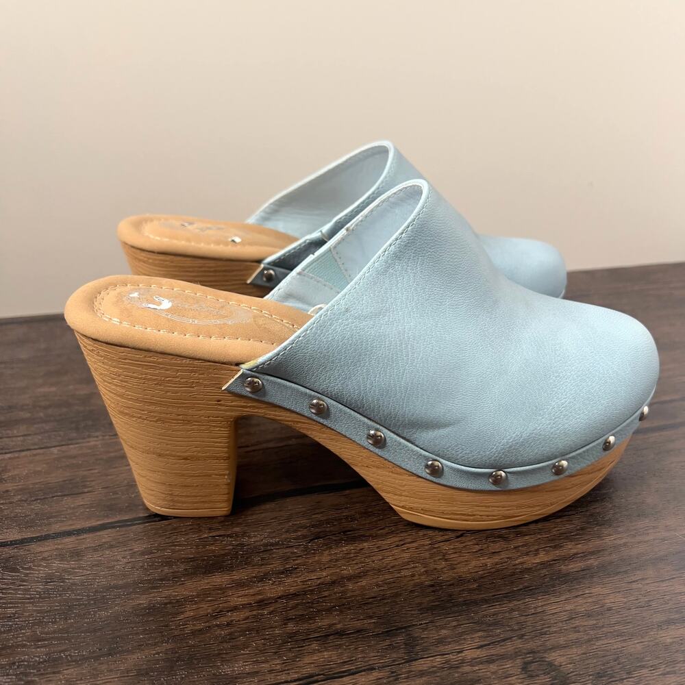 Atalina Light Blue Platform Clogs Studded Mule Heels Size 8